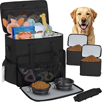 TORIBIO Large Dog Travel Bag for Supplies with 2 Food Container & Bowls | With Mat & Divider, Water-resistant, Durable, Multi-Pockets, Pet Travel Organizer Kit for Weekend, Road Trips, Camping