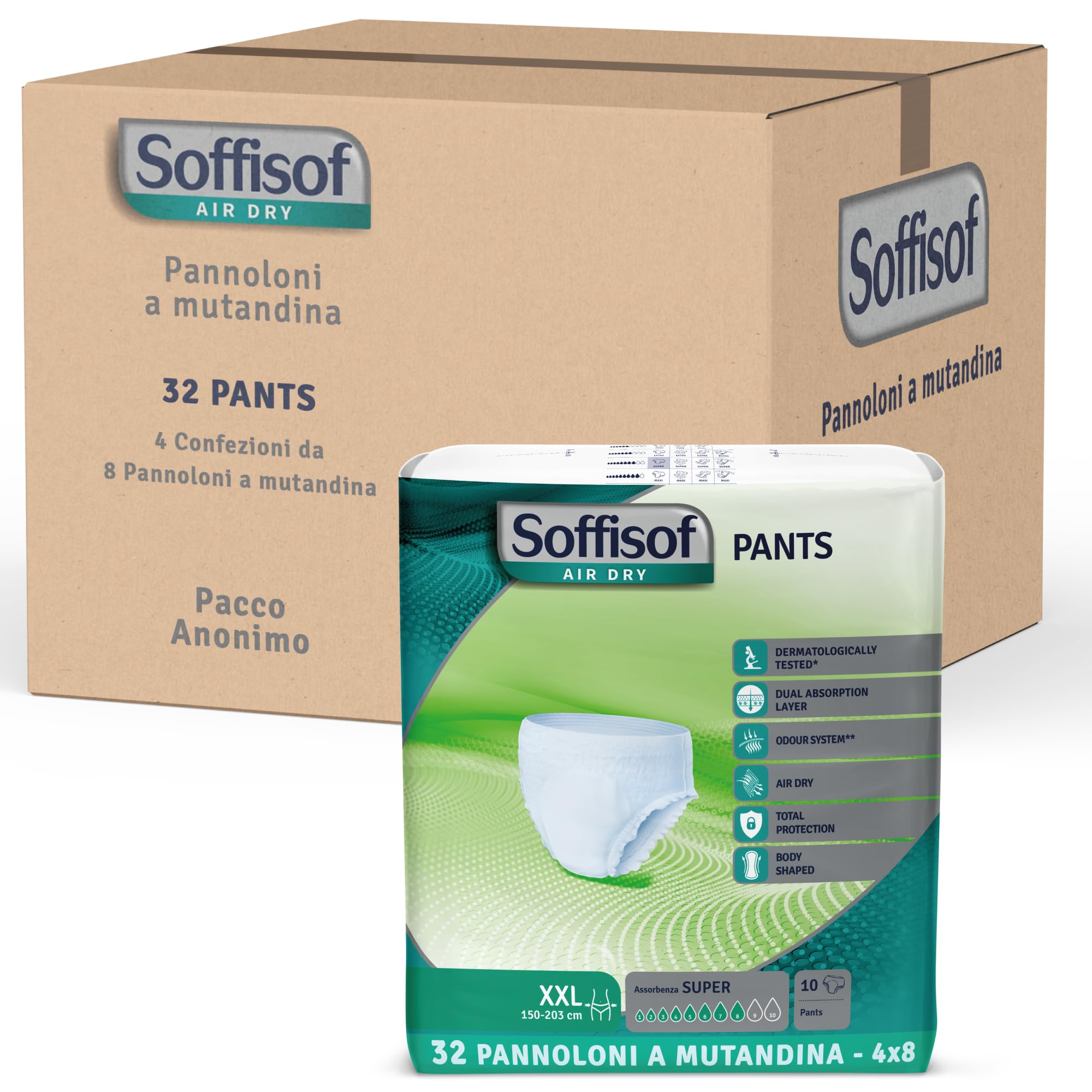 Soffisof Air Dry Pants Super XXL - 40x Pannoloni per Anziani a Mutandina - 4 Confezioni da 10 Mutande Assorbenti per Incontinenza Donna e Uomo - Pants Adulti 8 Gocce - XX-Large (150-203 cm)