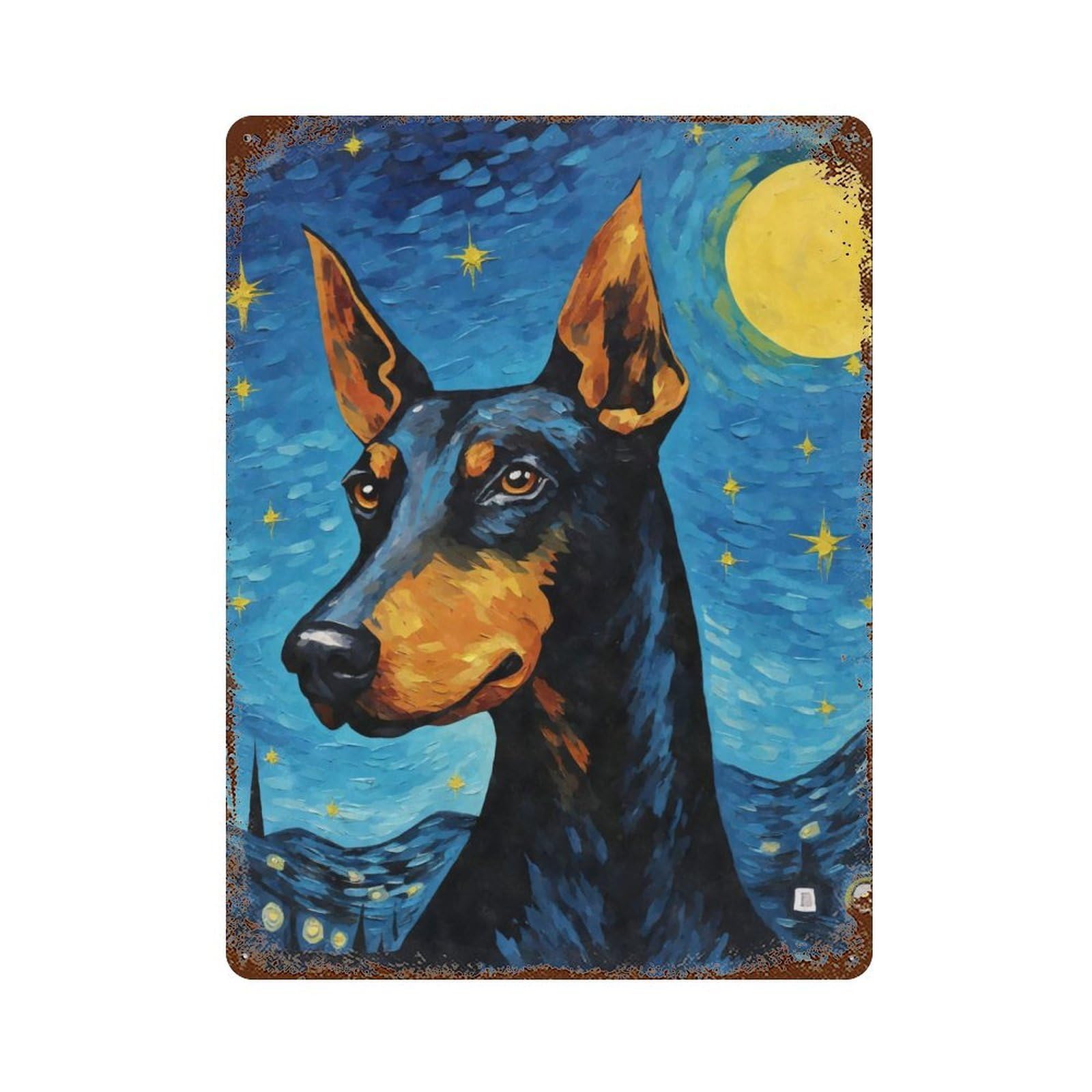 Dobermann Dog Starry Night Aged Metal Wall Plaque 15.7"x11.8", Industrial Home Decor for Pub, Kitchen And Man Cave Decor