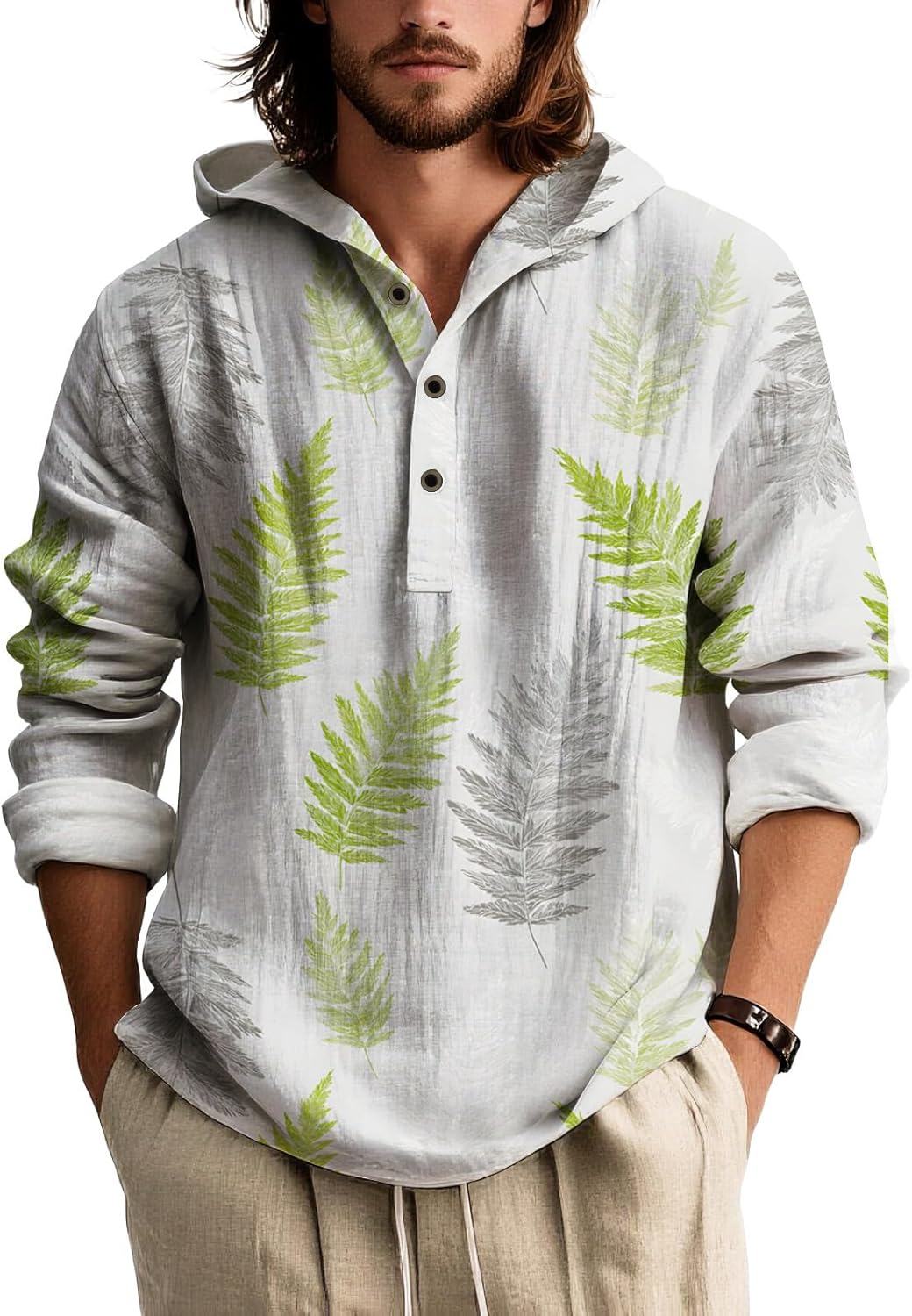 Mens Hooded Floral Button Down Shirt Long Sleeve Lightweight Relaxed Fit Nature Ins...