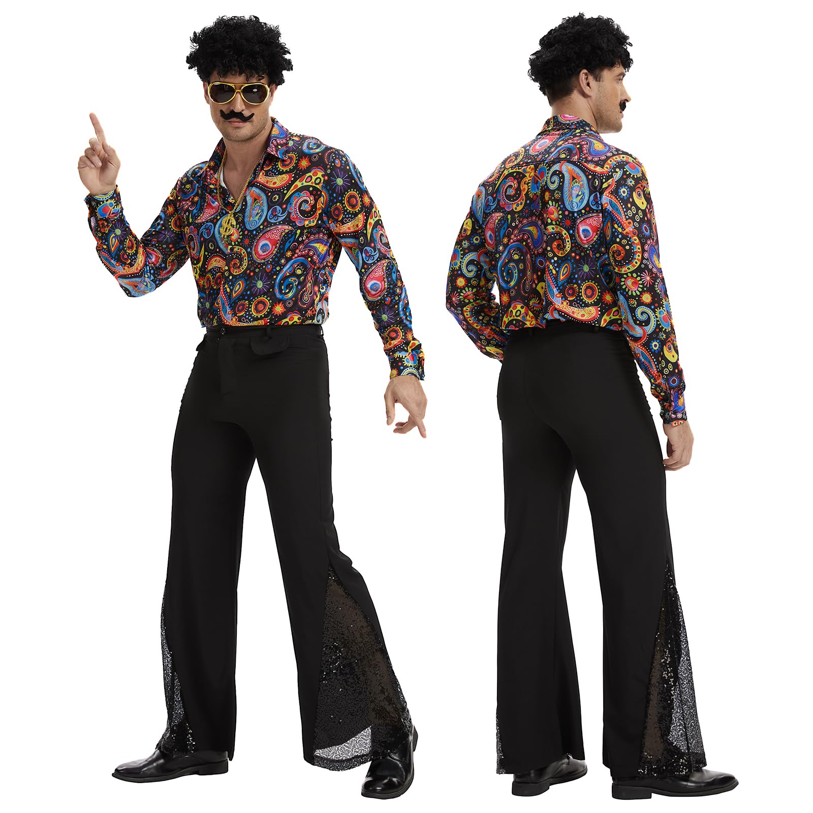 JDFAIJEAL Disco Hippie Costume Set for Adults- Retro 70s-80s Style Outfit with Shirt, Pants, Afro Wig - Image 2