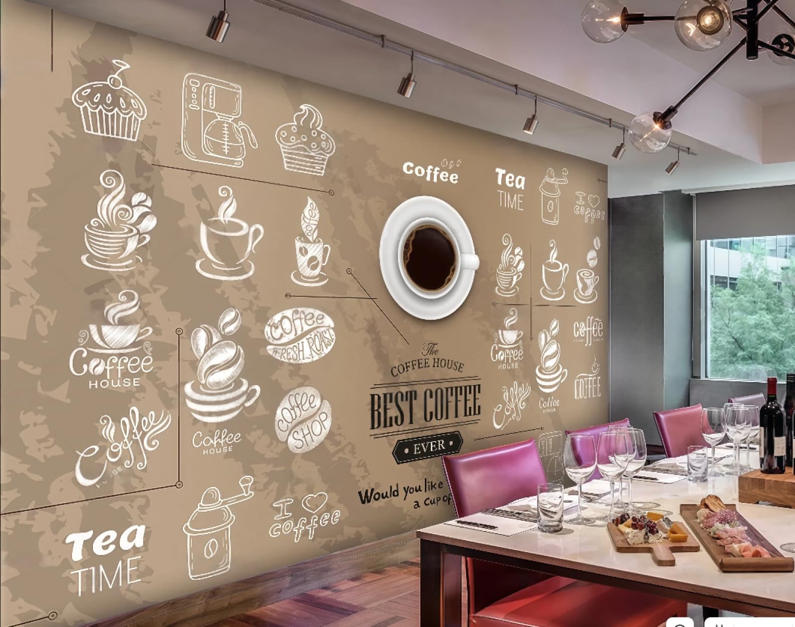 Rskjdghshd 3D Wallpaper Hand-Painted Coffee Cup Letters Casual Afternoon Tea Gourmet Snack Bar Drinks Bar Background Wall Western Restaurant Wallpaper Cafe Mural,,300X210cm