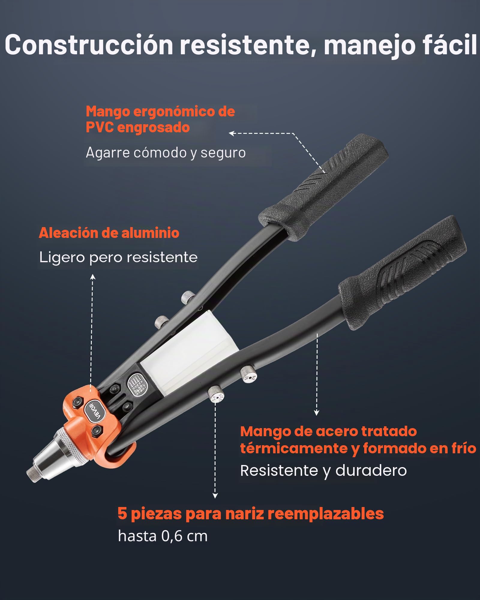 VEVOR Juego de Remachadoras con 230 Remaches Ciegos, 5 Boquillas Intercambiables, 5 Brocas y Estuche, Manual para Bricolaje de Metal, Dos Manos, 400 x 160 x 50 mm, para Reemplazo de Cerraduras