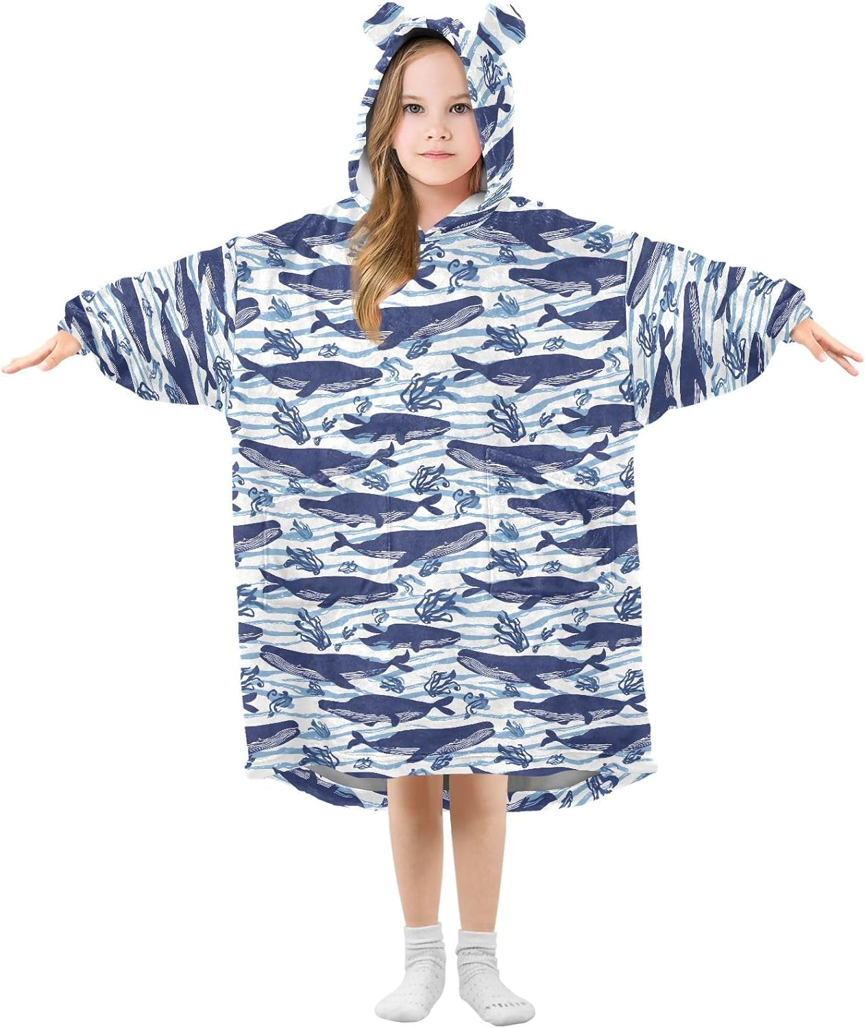 Blue Swimming Whale Pattern Wearable Blankets for Kids, Soft Warm Cozy Blanket Hoodie for Boys Girls with Pocket