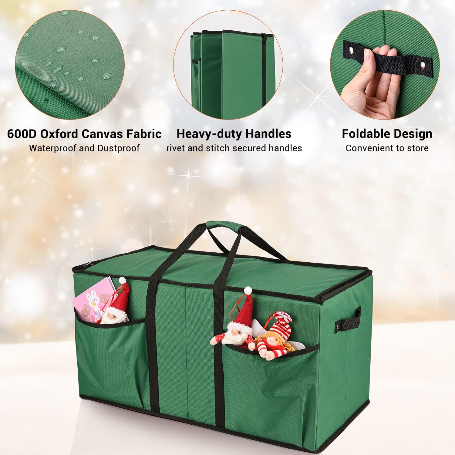 Mrrihand Christmas Ornament Storage Box, Xmas Decoration Organizer with Adjustable Dividers - Storage Container Keeps 128 Holiday Ornaments 3-Inch, Dual Zipper Closure(Green&Red)