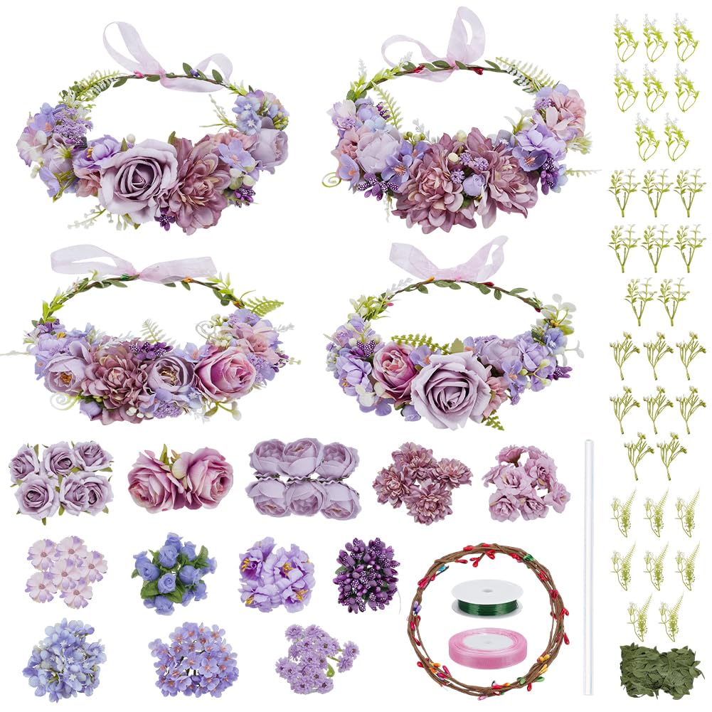 INFUNLY 113pcs/Set DIY Purple Floral Crowns Kit Handmade Floral Wreath Headbands Kit Rose Leaf Crown Making Kit Flower Headband and Bracelets Kit for Women Gifts Bridal Wedding
