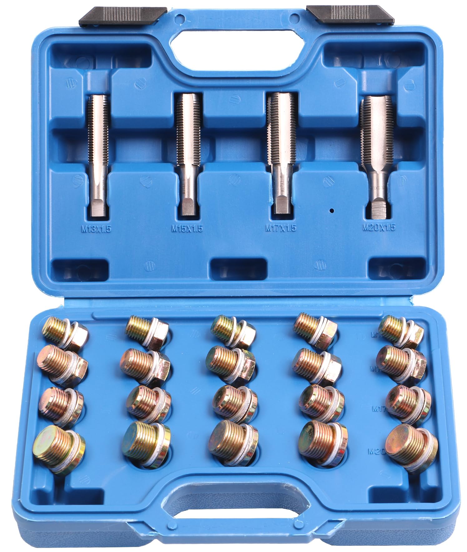 Juego herramientas para reparar rosca de carter, tapon carter y cajas de cambio, 64 piezas Incluye Macho, tornillo y arandelas M13, M15, M17, M20 Universal