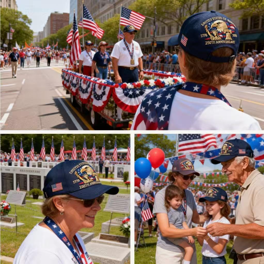 2PCS 250 Anniversary USA Hat Adjustable 250 Year American Anniversary Hat USA Patriotic Caps Retro Embroidered Cap for Men Women Gifts Navy Blue and Red - Image 7