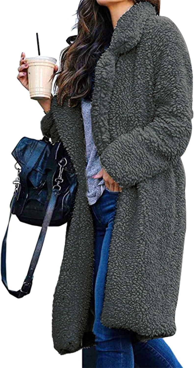 GRASWE Women Winter Cozy Top Coats Long Sleeve Warm Lapel Jacket Fashion Medium Length Solid Color Coats