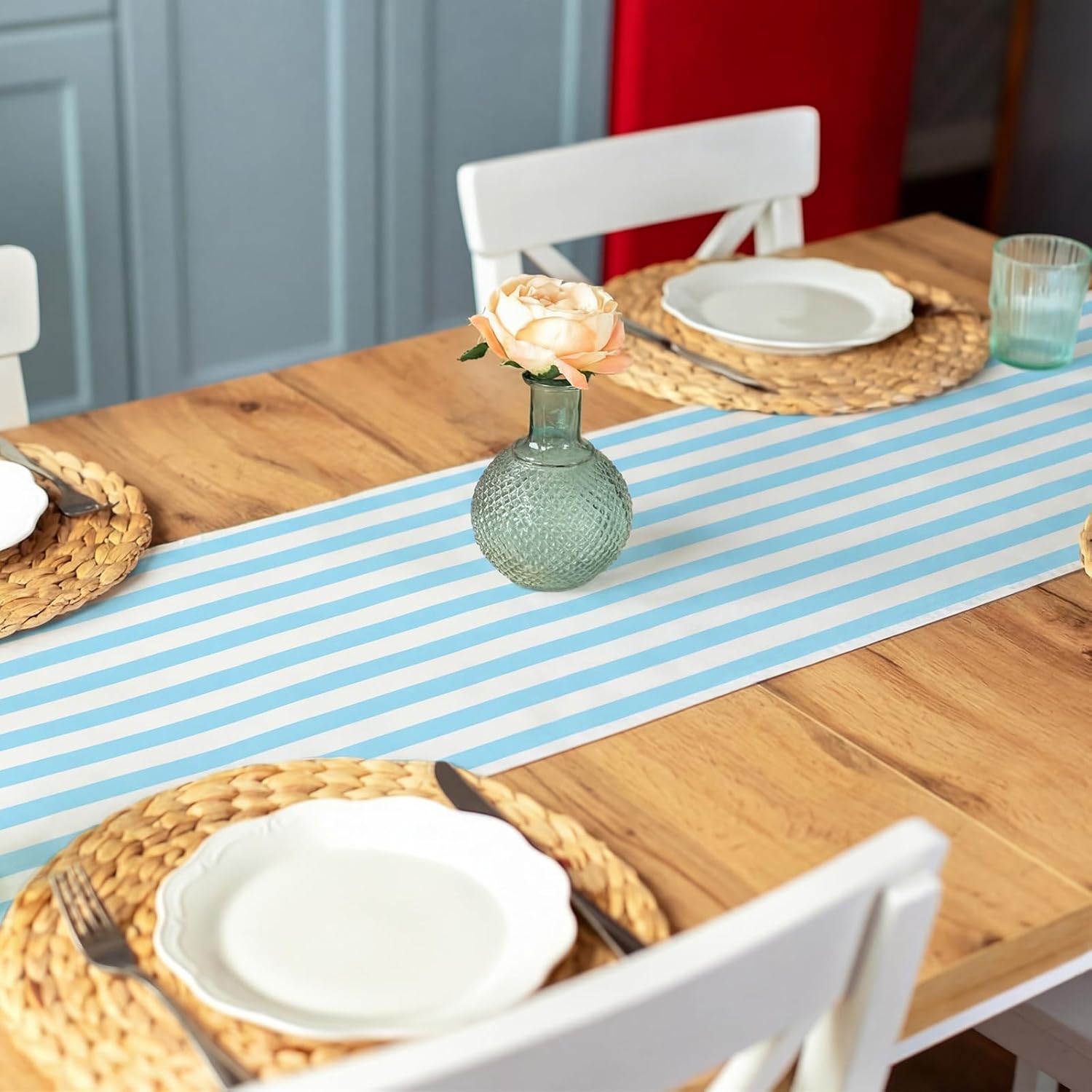 AmazingSpark Light Blue Striped Table Runner Roll - Disposable Paper Cabana Striped Table Runner for Birthday Wedding Carnival Christmas Party Kitchen Dining Tabletop Decoration(25' Long X 16" Wide)