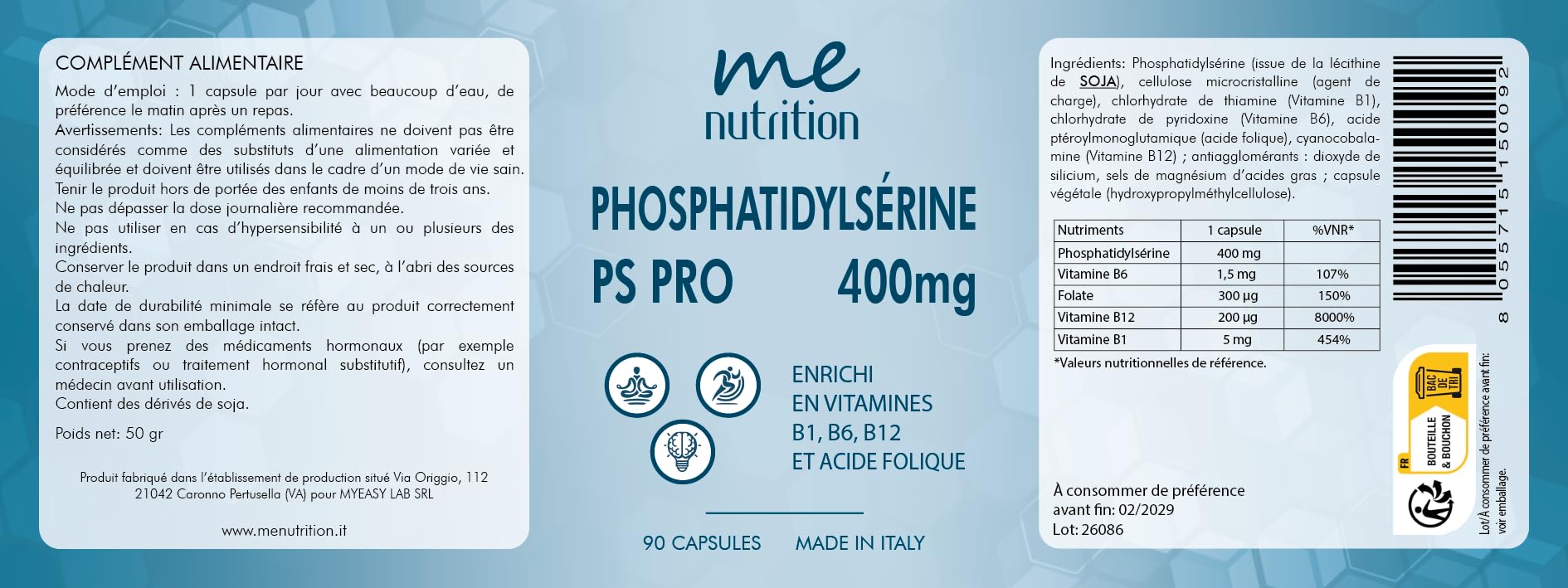 Phosphatidylsérine pure 400 mg combat le cortisol, 90 capsules améliore la mémoire et la concentration, réduit le stress supplément nootropique avec des vitamines B1 B6 B12 Acide folique Me Myeasy