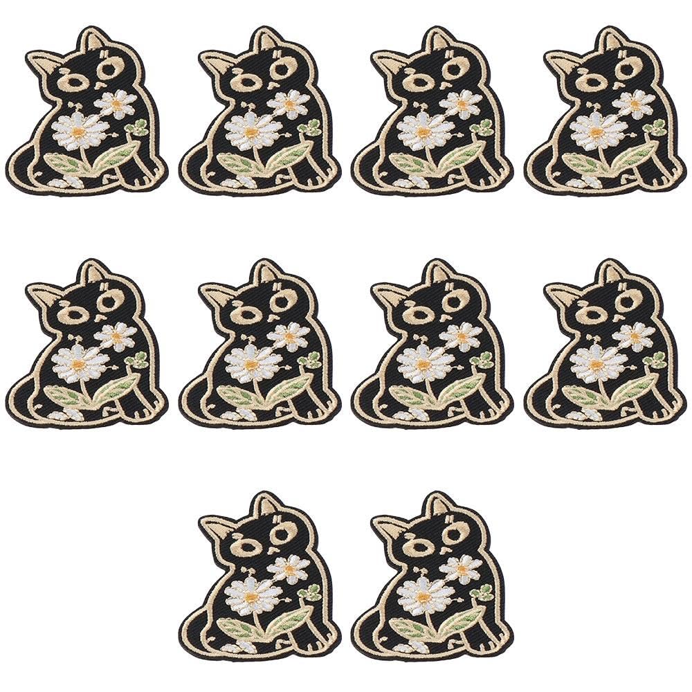YYlingx 10Pcs Flower Cat Embroidered Patch, Funny Cute Black Cat Clothing Iron-on Embroidered Patch, Cute Pet Animals Sew on/Iron on Patches for Jackets, Hats, Backpacks, Jeans, DIY Clothes
