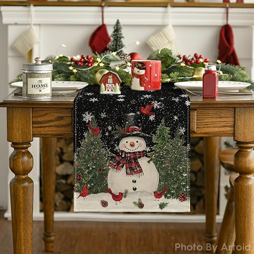 Miniatura 7 de Artoid Mode Camino de mesa de Navidad, diseño de muñeco de nieve, pájaros, árboles, Navidad, vacaciones, invierno, cocina, comedor, decoración para