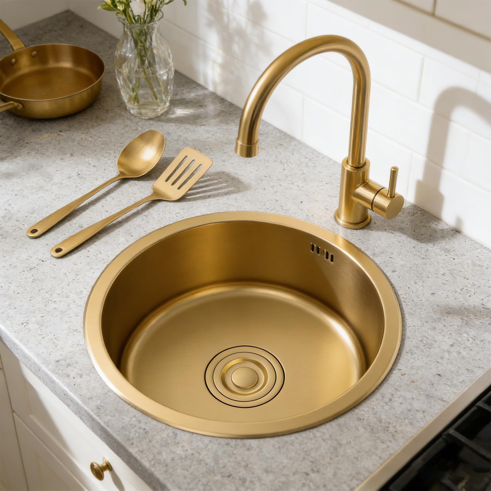 Rundspüle, goldfarben, 40 x 40 cm, Küchenspüle und Stange in Gold, rund, goldfarben, unterhalb oder auf der Arbeitsplatte, sink für Minibar, Edelstahl mit Siphon