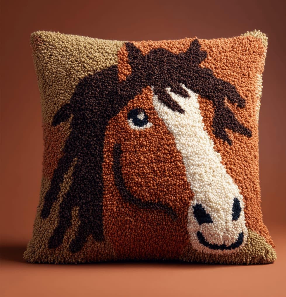 Kitquiver Beginner Latch Hook Cushion Kit,Horse Decor Pillow Cover 43X43Cm