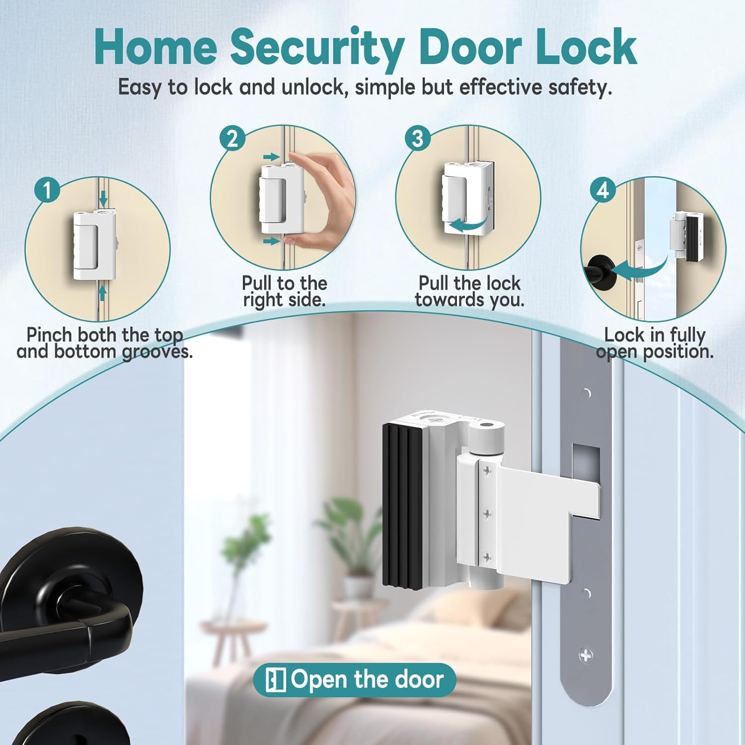 Upgraded Portable Security Door Reinforcement Lock - No Drilling Flip Lock Latch Prevents Unauthorized Entry Fits Inward-Opening Doors, Apartment, Hotel, Travel (White-3 Pcs)