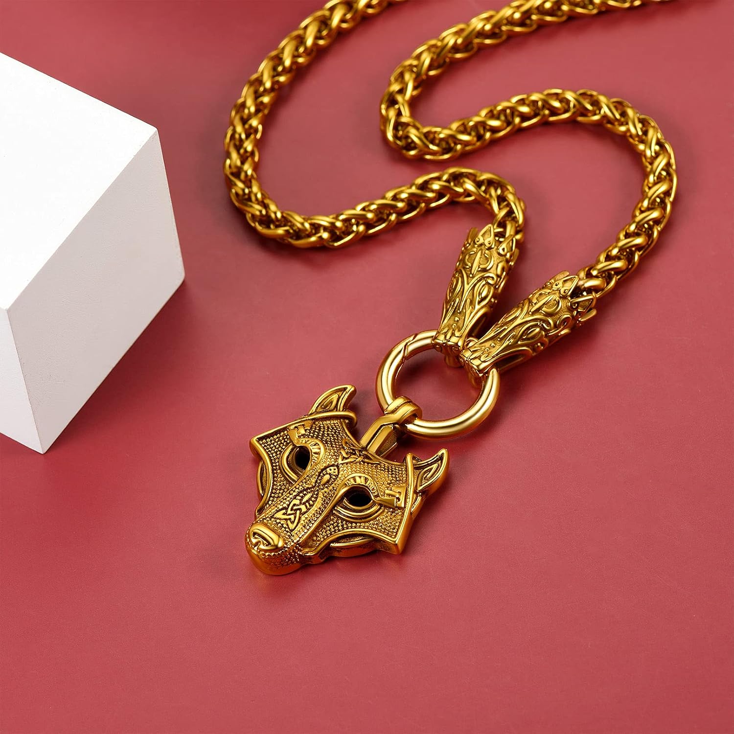 FaithHeart Men Punk Norse Viking Necklace Chunky Necklace, Stainless Steel Mjolnir/Celtic Knot Wolf Head Chain Pendant Amulet Jewelry Gift Packaging