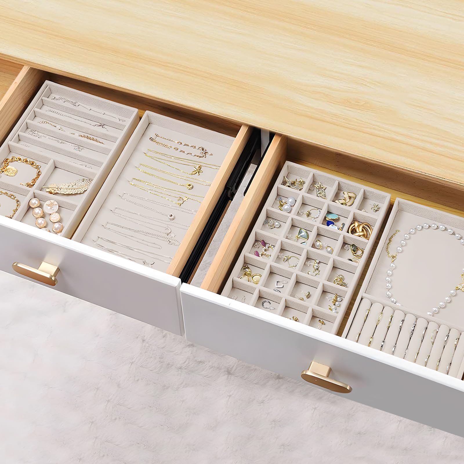 EXLECO 4 Grande Organizador Joyas Cajones, Organizador de Joyería de Terciopelo, Apilables Bandejas Joyería, Organizador Joyas Extraíbles Organizador para Pendientes Anillos Pulseras Collares Beige