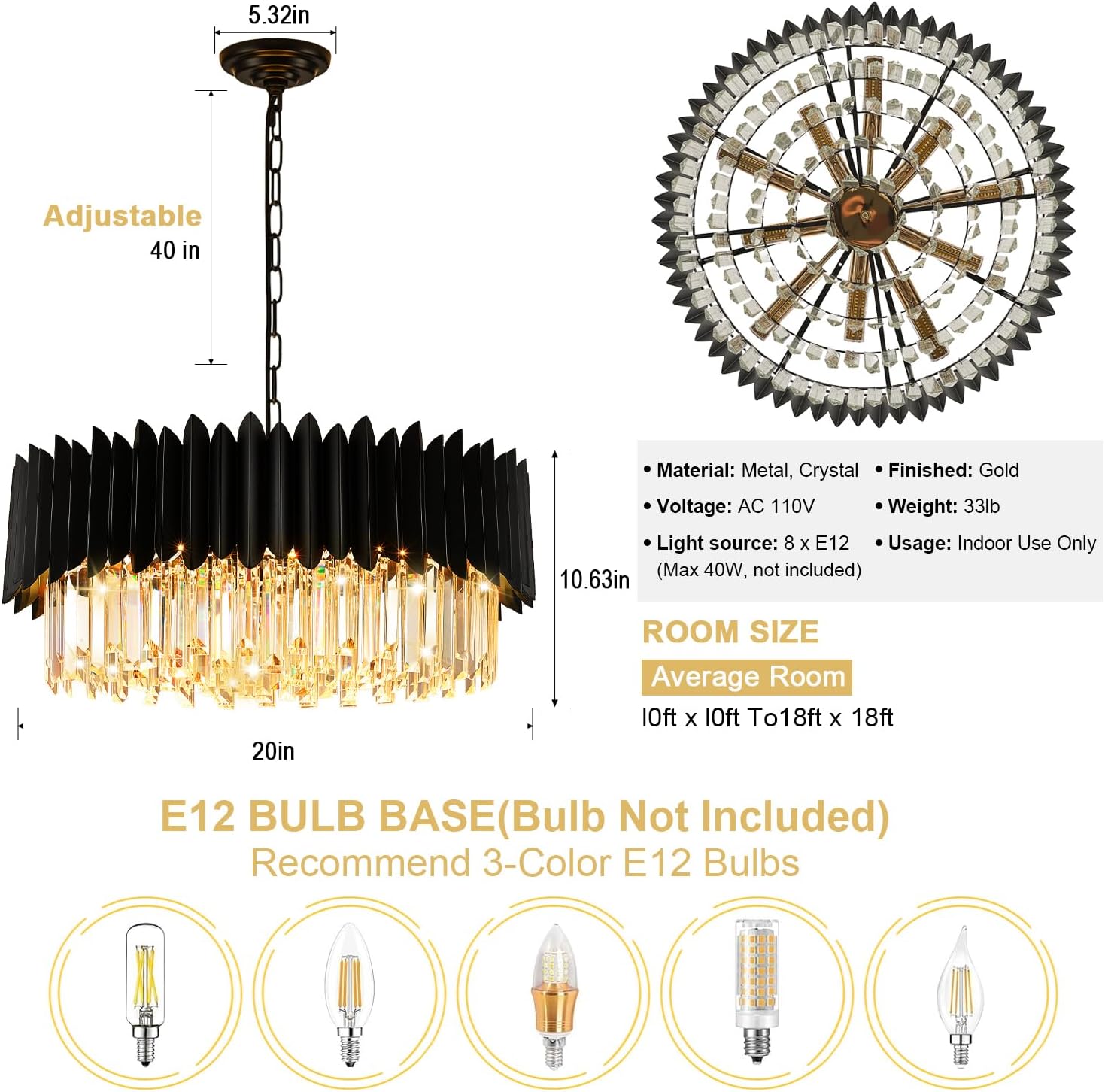 Modern Black Crystal Chandelier 20" 8-Light 4-Tier K9 Crystal Round Pendant Light Large Crystal Chandeliers for Dining Room Living Room Kitchen Island