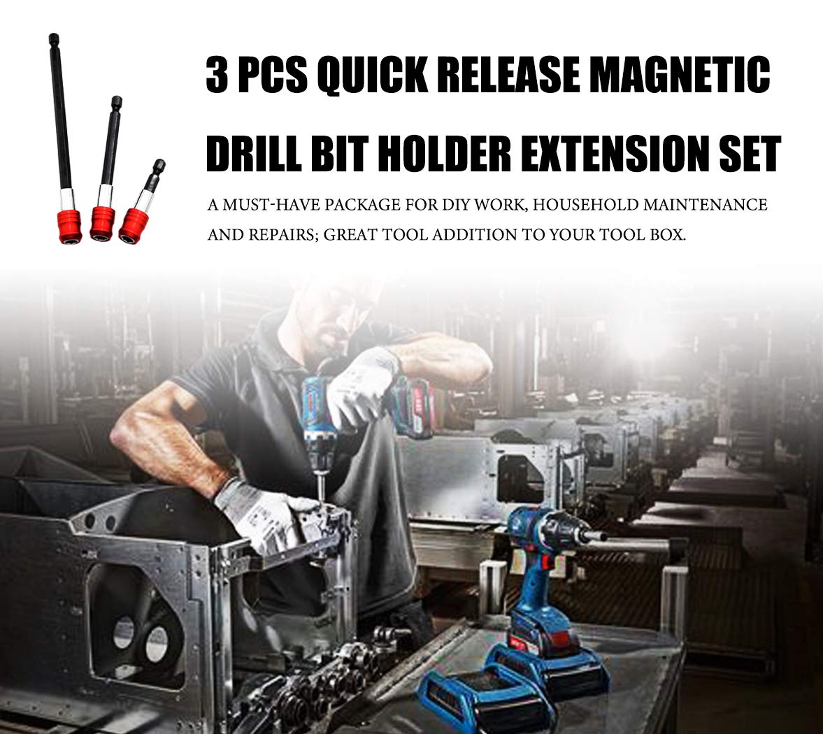 Drill Bit Extension 3 PCS Quick Release Magnetic Drill Bit Holder with 1/4” Hex Shank, Drill Bit Extender-RED