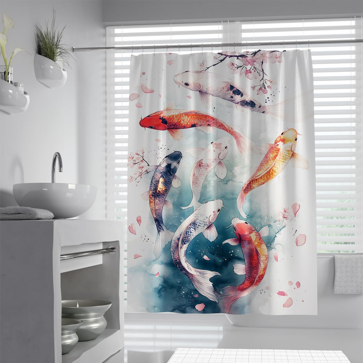UIRINGART Japanese Koi Fish Bath Curtains W180xL220cm Machine Washable Mold Resistant Watercolor Cherry Blossom Fabric Bathroom Screen Rustproof Grommets Tub Liners Spa