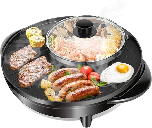 Electric Grill, Electric Barbecue Grill Griddle 2 in 1 Grill Smokeless Coated Multifunctional Non-Stick Pancake Griddle Dual-use Hot Pot Cooker BBQ Pot with Adjustable Temperature Control and Lid