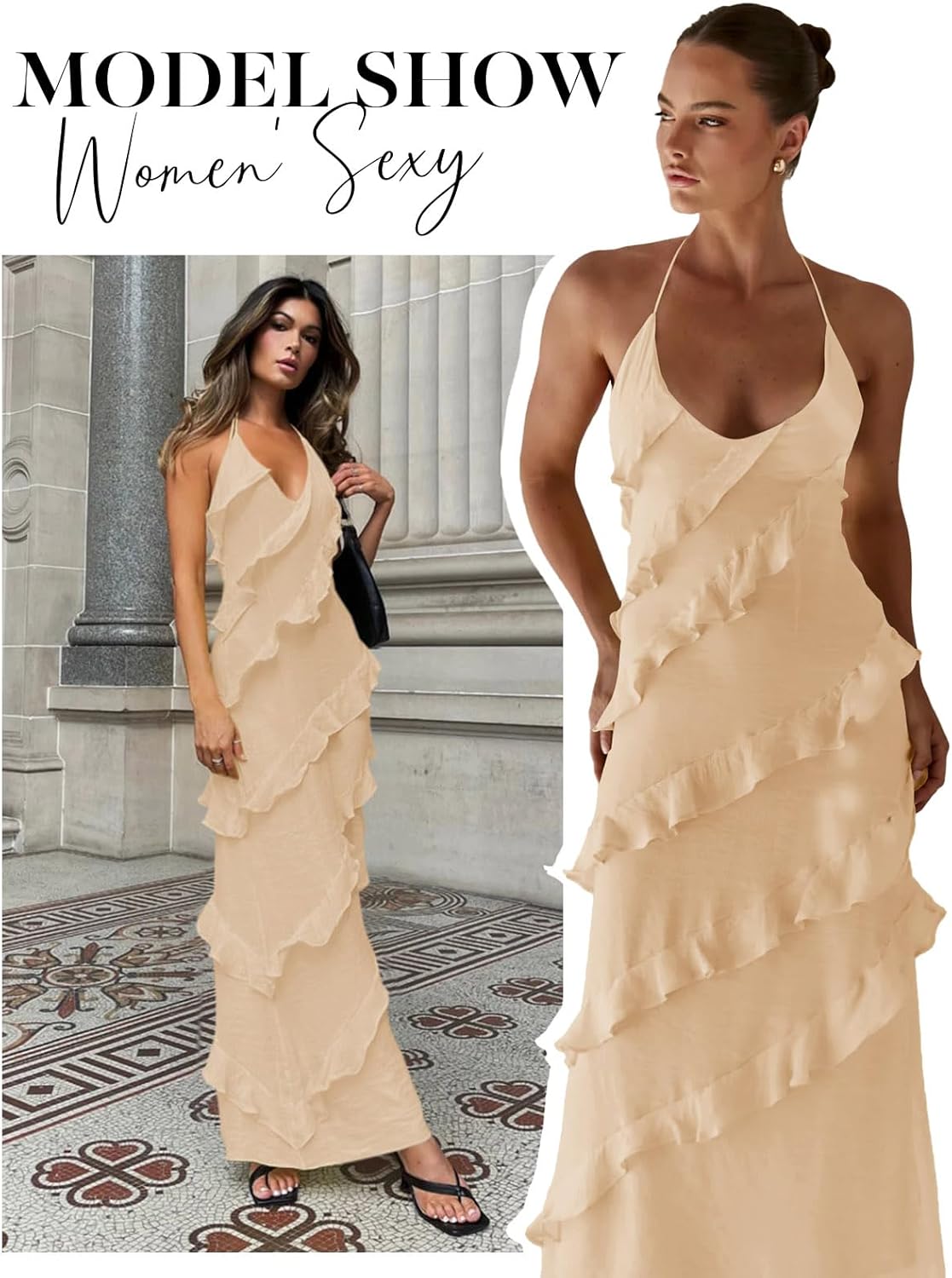 Wenrine Womens Sexy Chiffon Halter Maxi Dress Sleeveless Backless Ruffle Tassel Party Club Dresses - Image 6