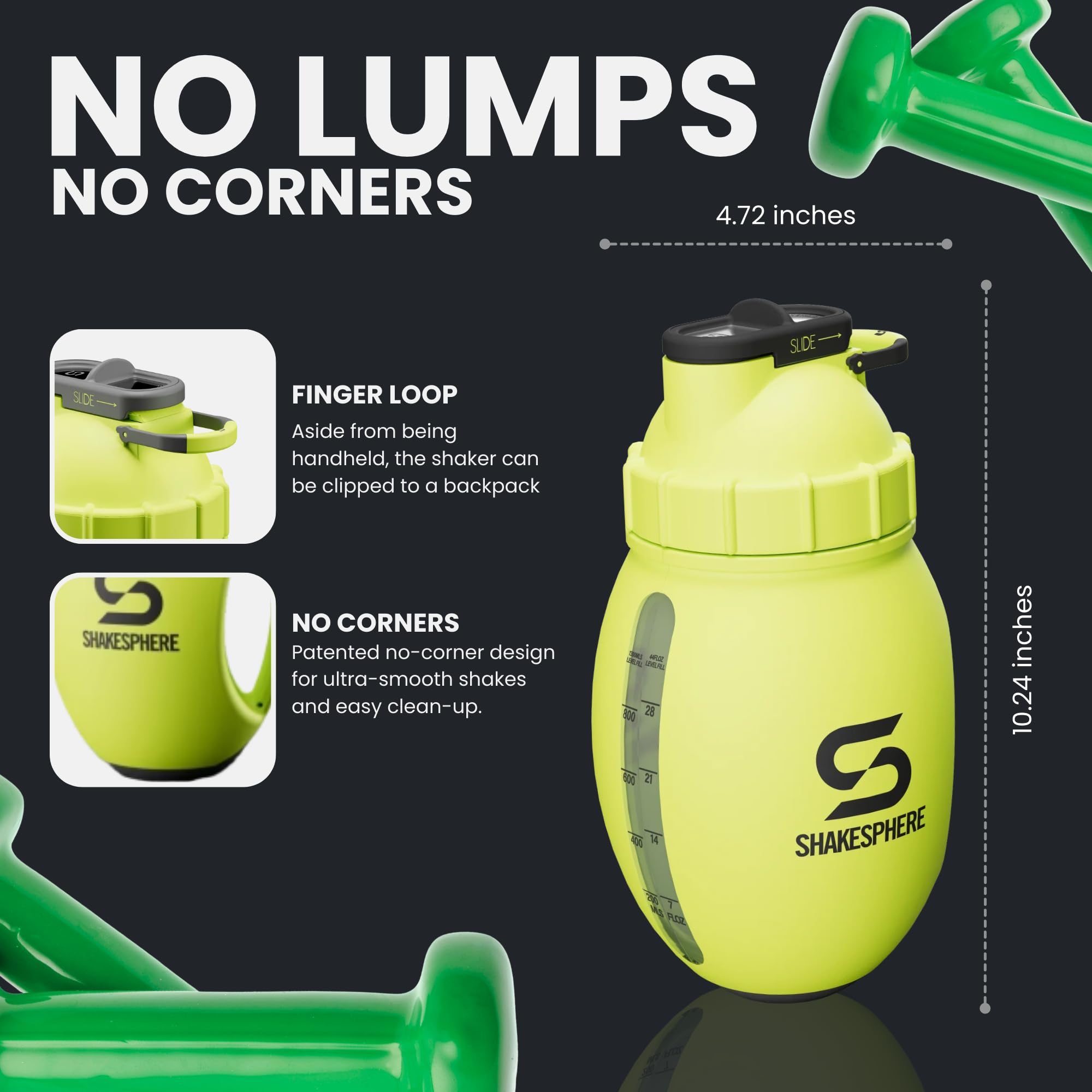 SHAKESPHERE Shaker de protéines 1,3 l – Double paroi, bouteille de gym et mixeur, sans BPA, design durable avec poignée facile à saisir, base en silicone et fenêtre de visualisation transparente