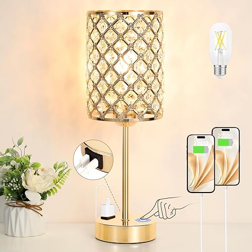 Lámpara dorada para dormitorio, lámpara de mesa de cristal con puertos USB-C+A y CA, lámpara de noche regulable de 3 vías con pantalla de cristal,