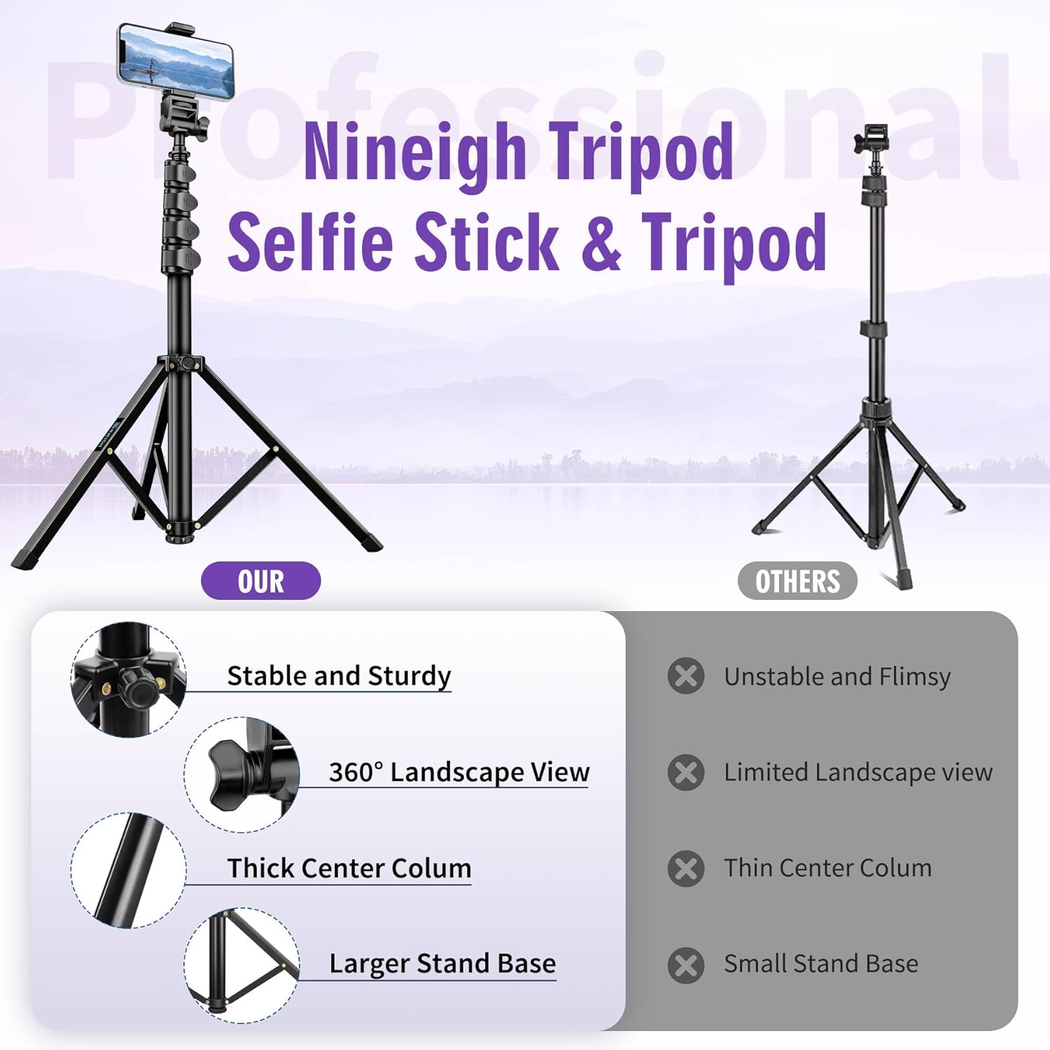 Nineigh 80" Phone Tripod, Selfie Stick Cellphone Tripod, Aluminum Tripods Stand for Video Photo Vlog, Travel Tripods with Gooseneck Remote Phone Holder, Compatible with iPhone Android Smartphone