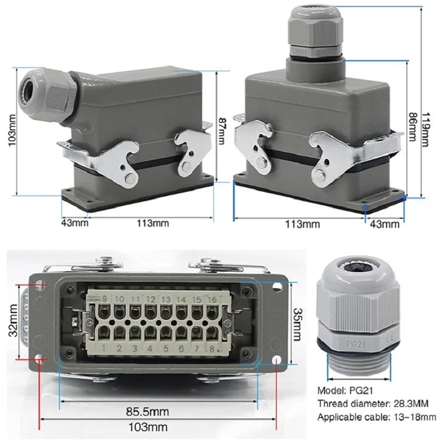 Rectangular Heavy Duty Connector HDC-HE4 6 10 16 24 Core Pin 16A Aviation Top and Side Line 1Pcs(16 core top line)