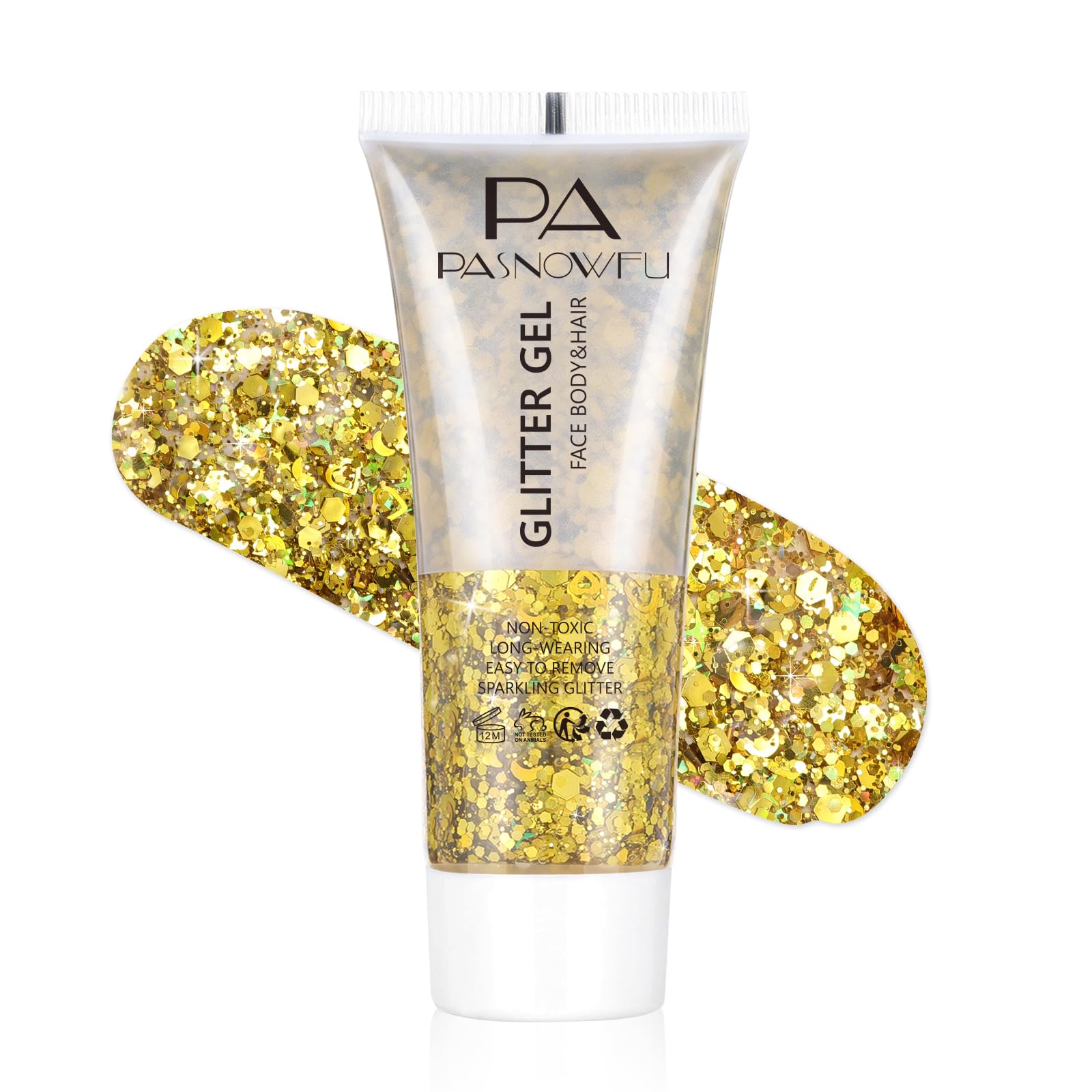 PASNOWFU Gold Body Glitter Gel, Holographic Shimmer Hair Glitter for Rave Outfits for Women, Mermaid Face Sequins Gel for Festival Outfits for Women and Party Concert Festival Accessories