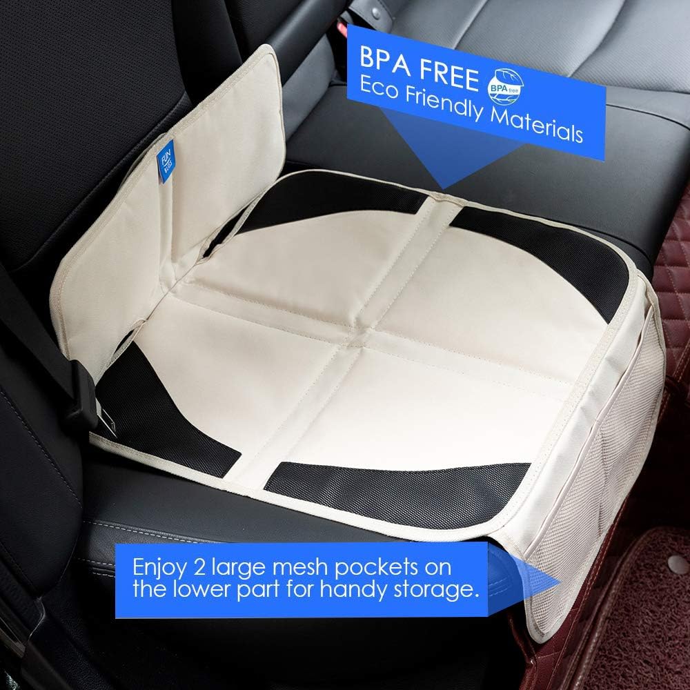 funbliss car seat Protector for Child car seat Beige Thick Padding Carseat Kick Mat with Organizer Pockets,Waterproof 600D Fabric,Vehicle Dog Cover Pad for SUV Sedan Leather Seats（2 Pack）
