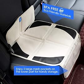 funbliss car seat Protector for Child car seat Beige Thick Padding Carseat Kick Mat with Organizer Pockets,Waterproof 600D Fabric,Vehicle Dog Cover Pad for SUV Sedan Leather Seats2 Pack