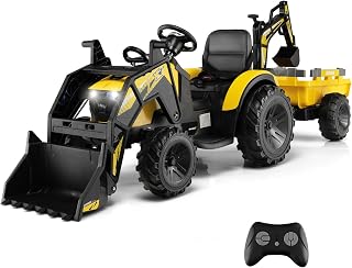 COSTWAY 3 in 1 Ride on Tractor and Trailer, 12V Battery Powered Electric Excavator Bulldozer with Shovel Bucket, Digger, Remote Control, LED Lights, Music, MP3 & USB Port (Yellow)