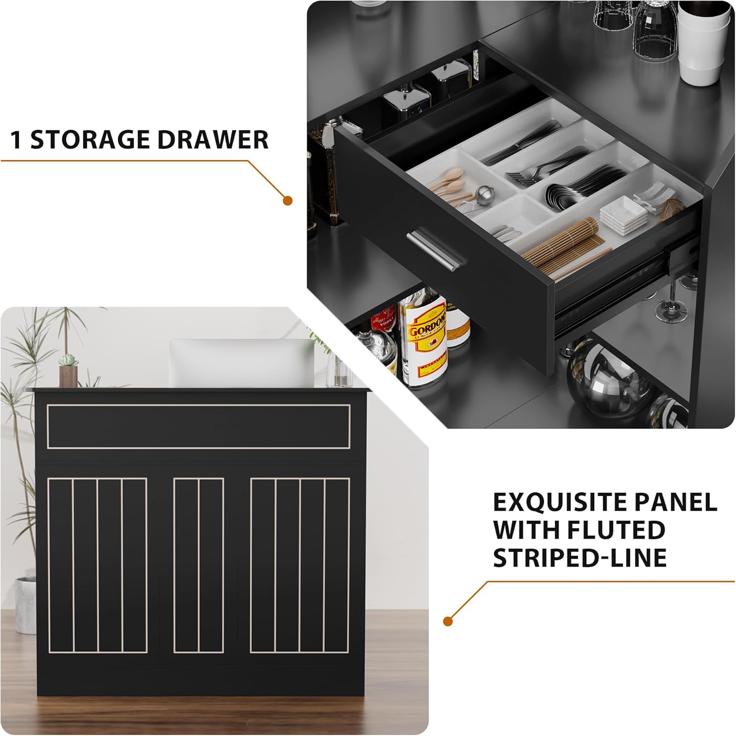 L-Shaped Home Bar Unit with Power Outlet, 4-Tier Corner Liquor Bar Cabinet with Storage Shelves, Drawer, Wine Glasses Holder, Wine Cabinet Reception Desk for Home Pub (L-Shape without Fridge Space)