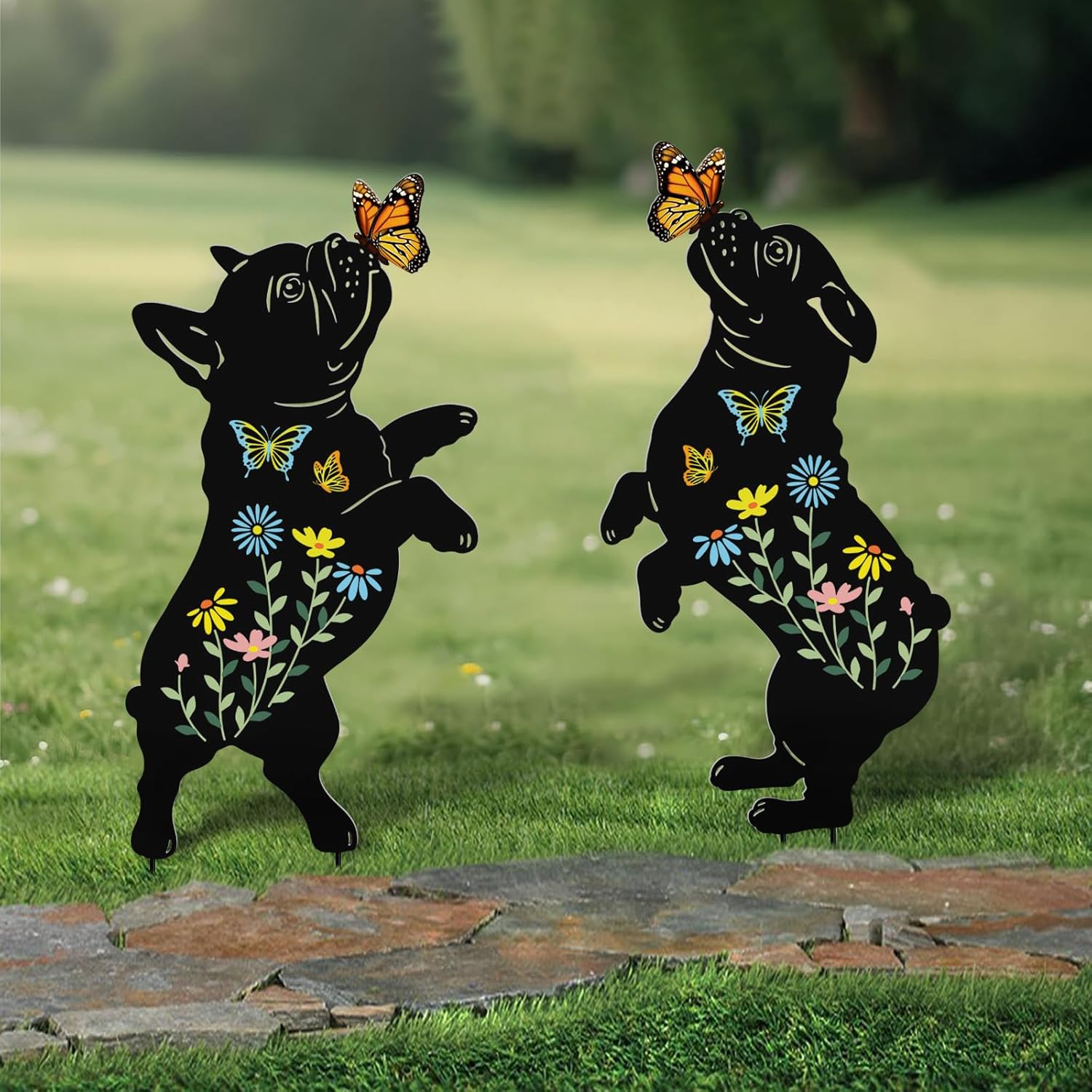 French Bulldog Garden Stakes Outdoor,Metal Black Silhouette Decorative Yard Art for Outside,Lawn,Pathway,Gifts for Women,Dog Lovers Garden Statues Decor