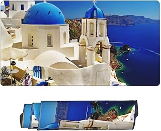 Large Extended Gaming Mouse Pad 75 X 40 Cm Non-Slip Rubber Base, Fun Santorini Greek Island Sea View Print Desk Mat for Keyboard & Mouse, Office/Gaming Computer Accessories