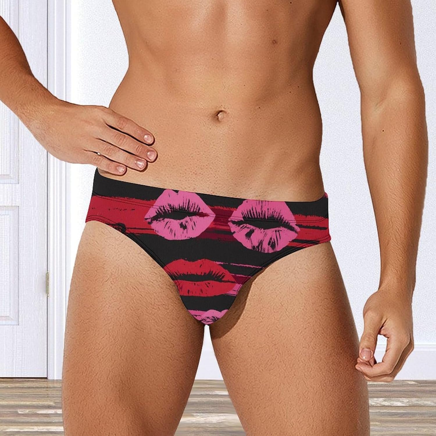 Sexy Lips Red Stripe Men's Swimwear Bikini Swimming Briefs Stretchy Swimsuits Board Surf Shorts Trunks