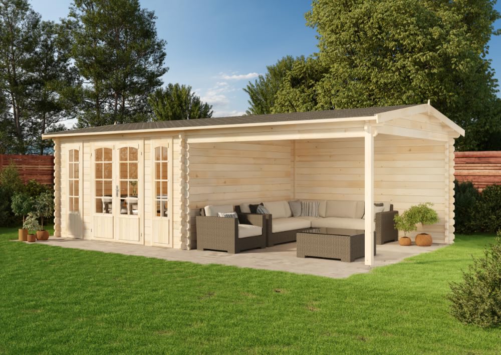 Alpholz Gartenhaus Freiburg-44 aus naturbelassenem Holz 755 x 399 cm mit 44 mm Wandstärke, Terrasse und Doppeltür