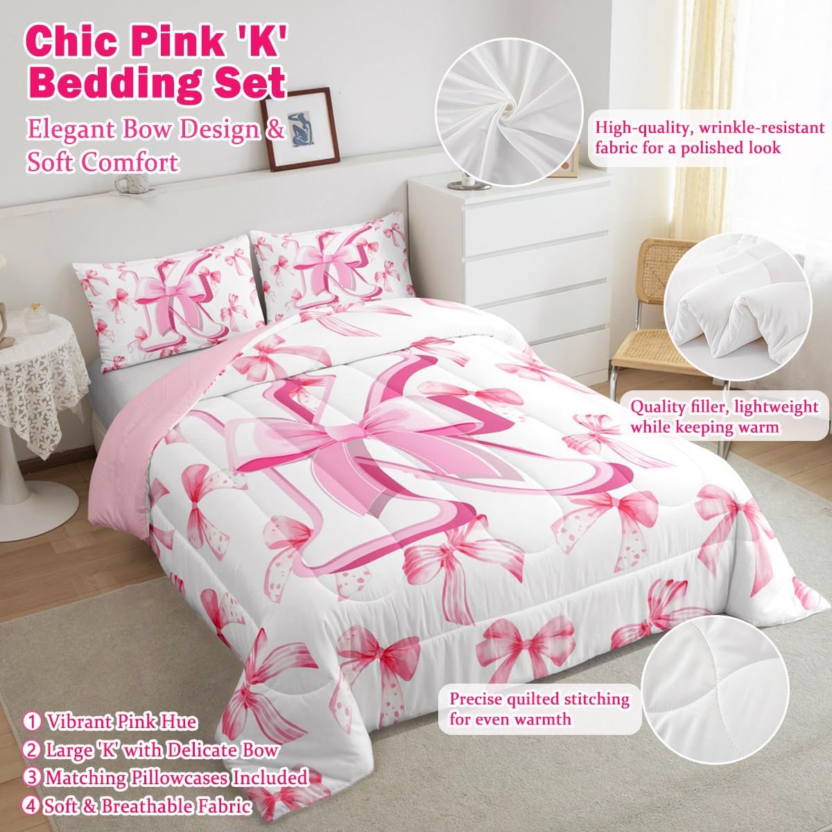 jejeloiu Kids Girls Cute Pink Bow Comforter Set Twin Size Monogrammed Bedding Set Ultra Soft Personalized Initial K Duvet Quilt Coquette Bow Knot Quilt Set Room Decor Modern Fashion Comforter