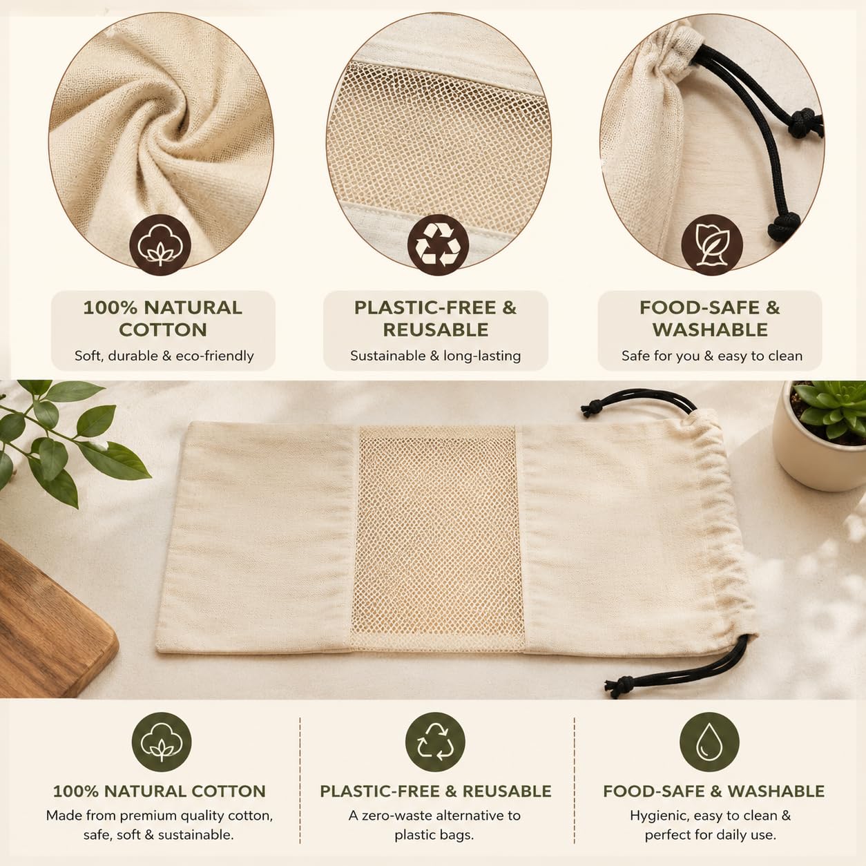 Organic Cotton Produce Bags - Reusable & Washable -8