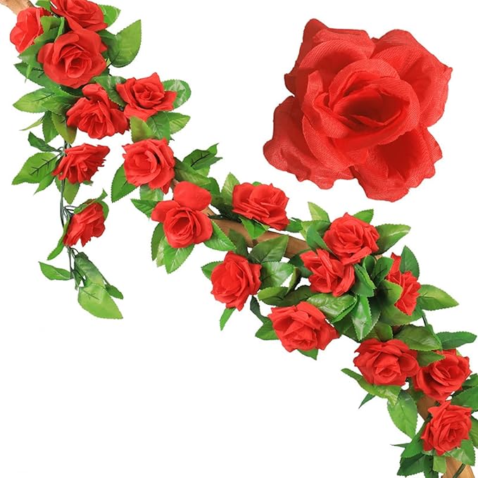 Red Rose Garlands For Decor With Flowers, 3 Pcs 22.6 Ft