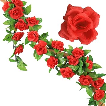 Red Rose Garlands For Decor With Flowers, 3 Pcs 22.6 Ft Flower Garland Fake Rose Vines Artificial Flowers Plants Hanging Rose Ivy Garland For Home Bedroom Hotel Party Craft Wall Wedding Arch Decor