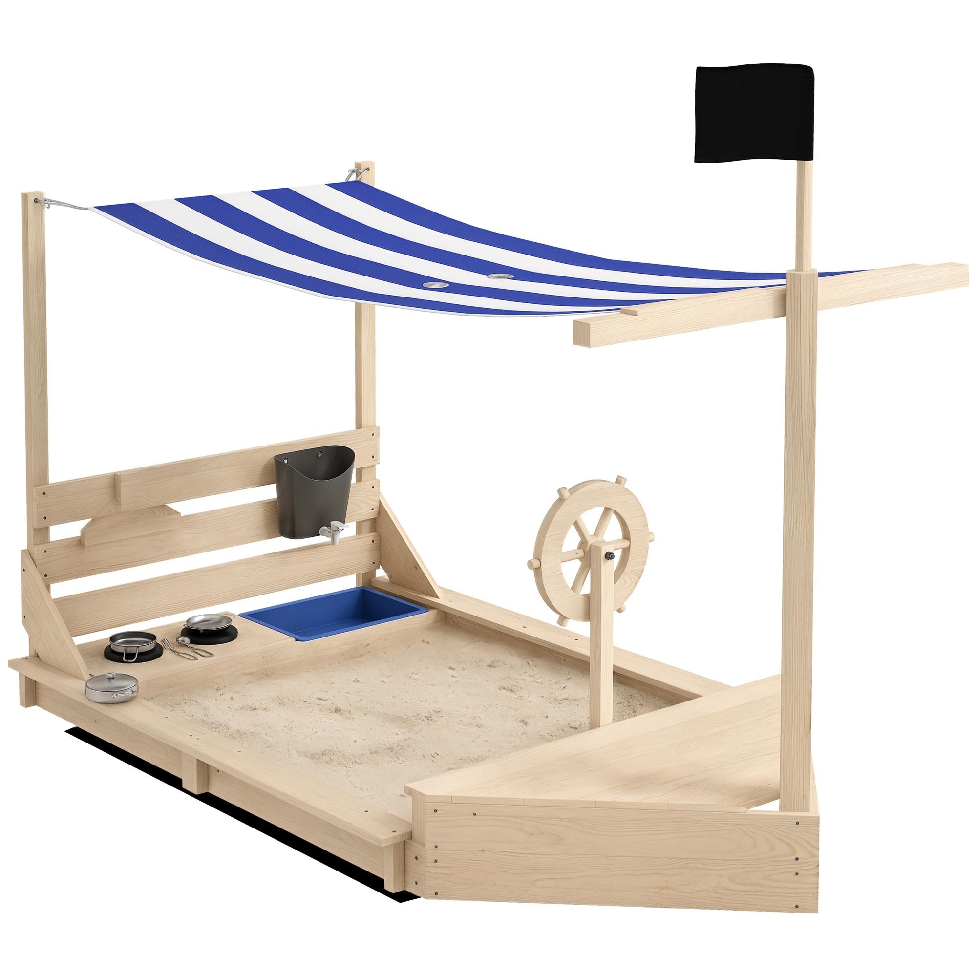 Outsunny Arenero para Niños de Madera Arenero Infantil con Toldo Volante Juguetes de Cocina y Forma de Barco Pirata para Patio Jardín 180x103x144,5 cm Natural