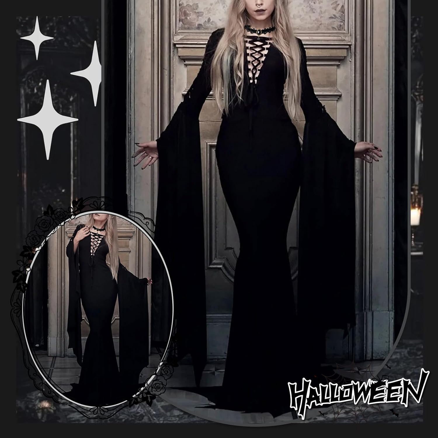 Halloween Costumes Morticia Addams Vintage Gothic Black Long Dress Outfit Women Wig Red Roses Flowers Necklace - Image 3