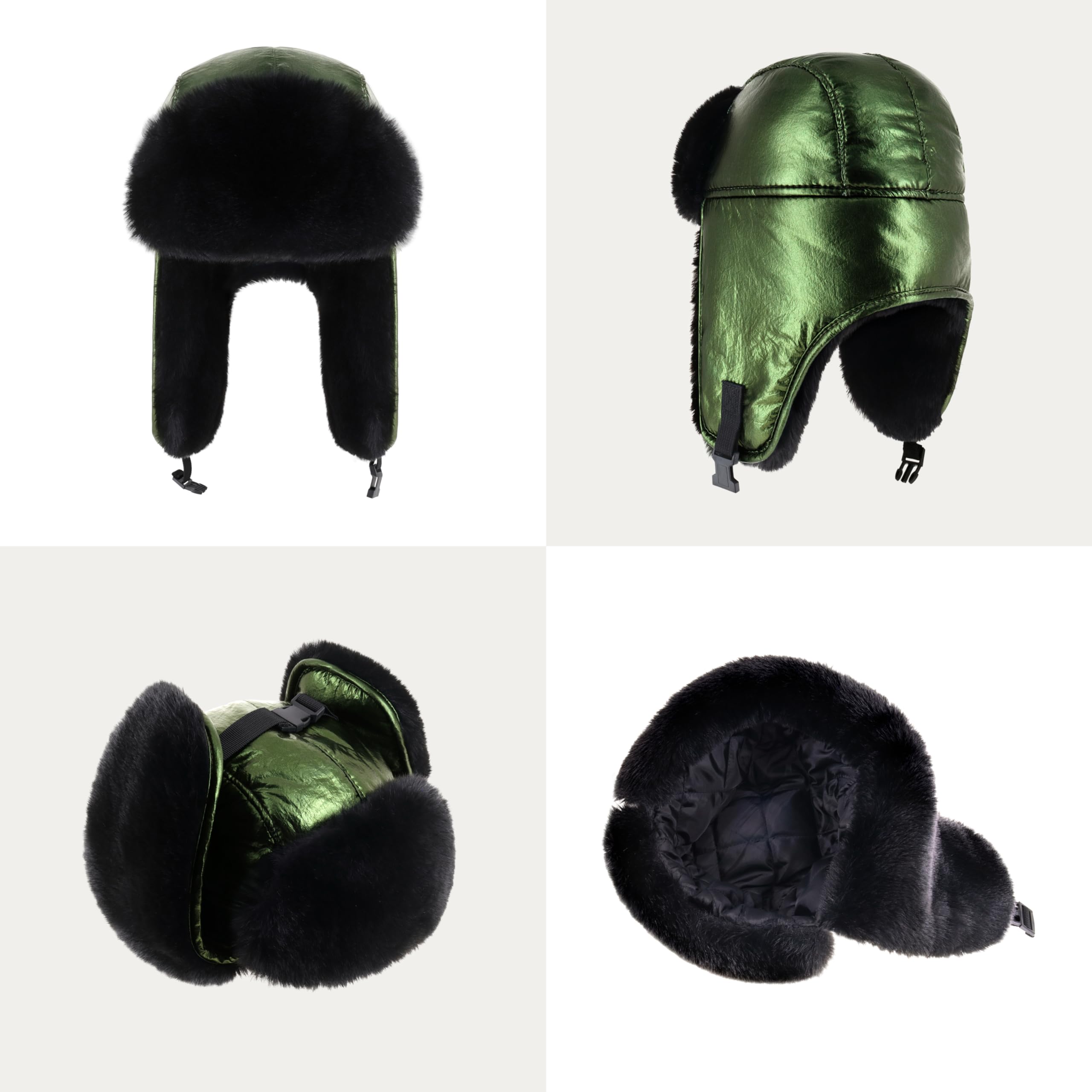Metallic Color Trapper Hat Warm Winter Aviator Hat Soft Fur Lining - Stylish Cozy Cold Weather Headwear for Men and Women (Metallic Green)