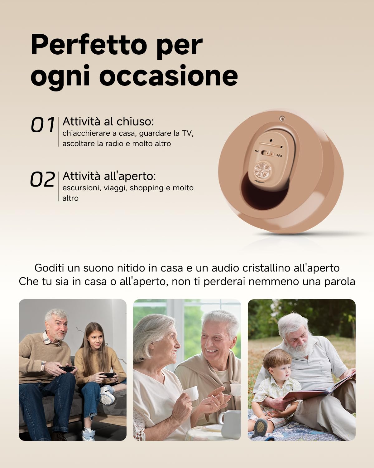 Britzgo Amplificatore Acustico VHP-1607 con Riduzione Intelligente del Rumore, Custodia di Ricarica Portatile, Design Ergonomico a L, Autonomia fino a 48 Ore e Ricarica USB (Beige)