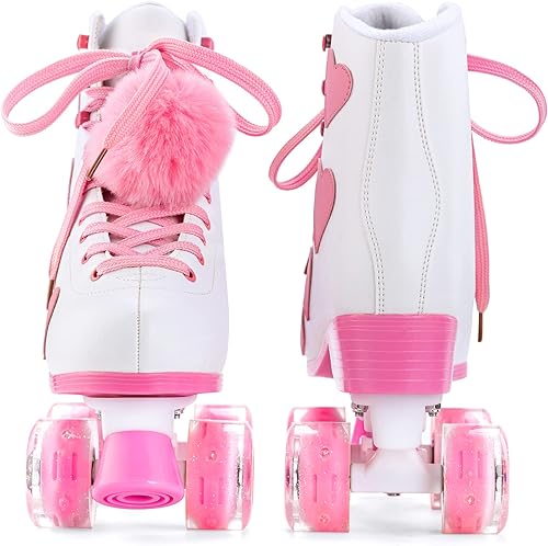Miniatura 7 de Ruthfot Women's and Girl's Classic Roller Skates with Light up Wheels and Love Heart Pattern, High-top PU Leather Rollerskates