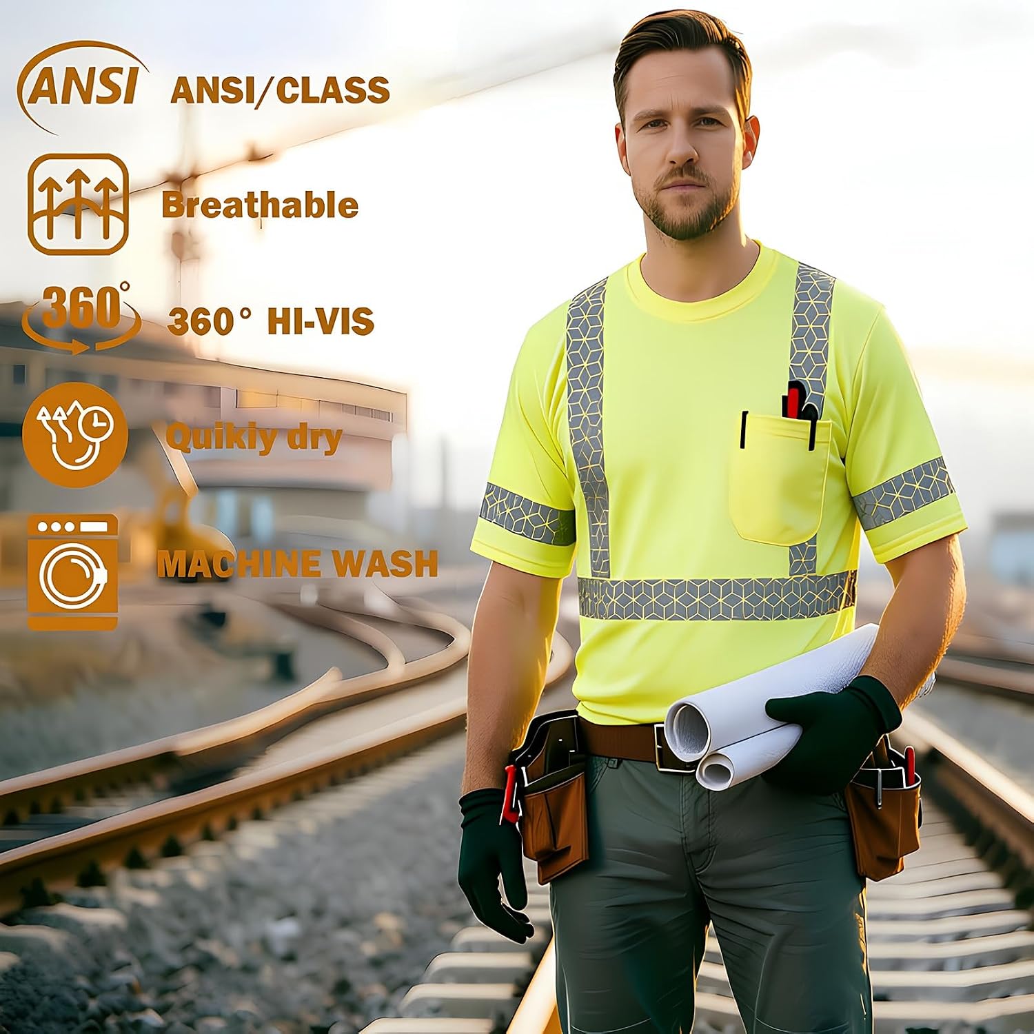 Hi Vis Reflective Safety Shirts for Men, High Vis Shirts Class 3 Short Sleeve (Yellow L)